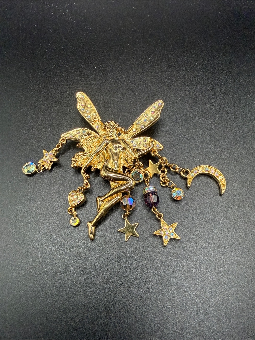 Kirks Folly Gold Tone AB Rhinestones Winged Celestial Fairy Star Moon Brooch